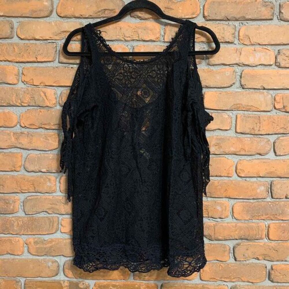 Free People Womens Small Top Black Geo Sands Lace Cold Shoulder Boho Crochet‎